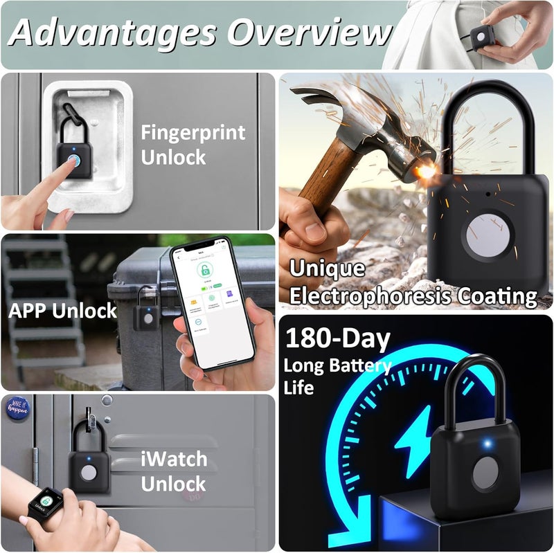 Pothunder Fingerprint Padlock, Smart Padlock, Locker Lock, Combination Lock, Fingerprint Lock with APP Unlock, USB Rechargeable, Suitable for Gym Locker, Door, Locker(Black) - Image 2